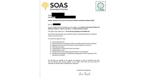 Targets were invited to take part in a fake conference entitled “The US Security Challenges to the Middle East”