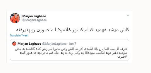 مرجان لقایی، روزنامه‌نگار نیز در توییتر خود نوشته: «کاش می‌شد فهمید کدام کشور غلامرضا منصوری را پذیرفته.»