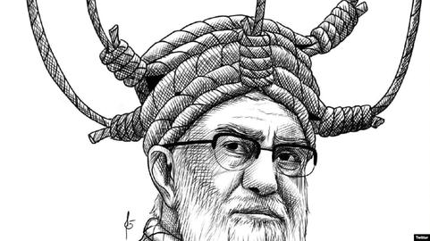 An entry in the Charlie Hebdo cartoon competition by Iranian artist Ghalamfarsa depicting Supreme Leader Ali Khamenei.