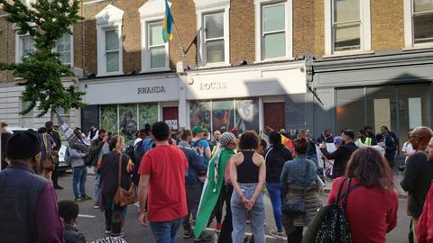 Protesters outside the Rwandan Embassy in London on Wednesday